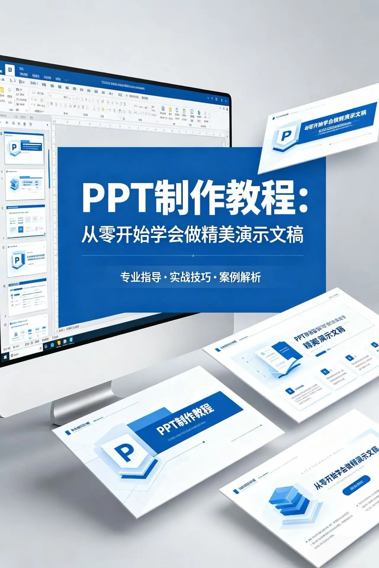 PPT 制作教程封面图，蓝色商务简约风格，包含 “从零开始学会做精美演示文稿” 标题，搭配笔记本、图表、笔等办公元素，整体专业清晰。