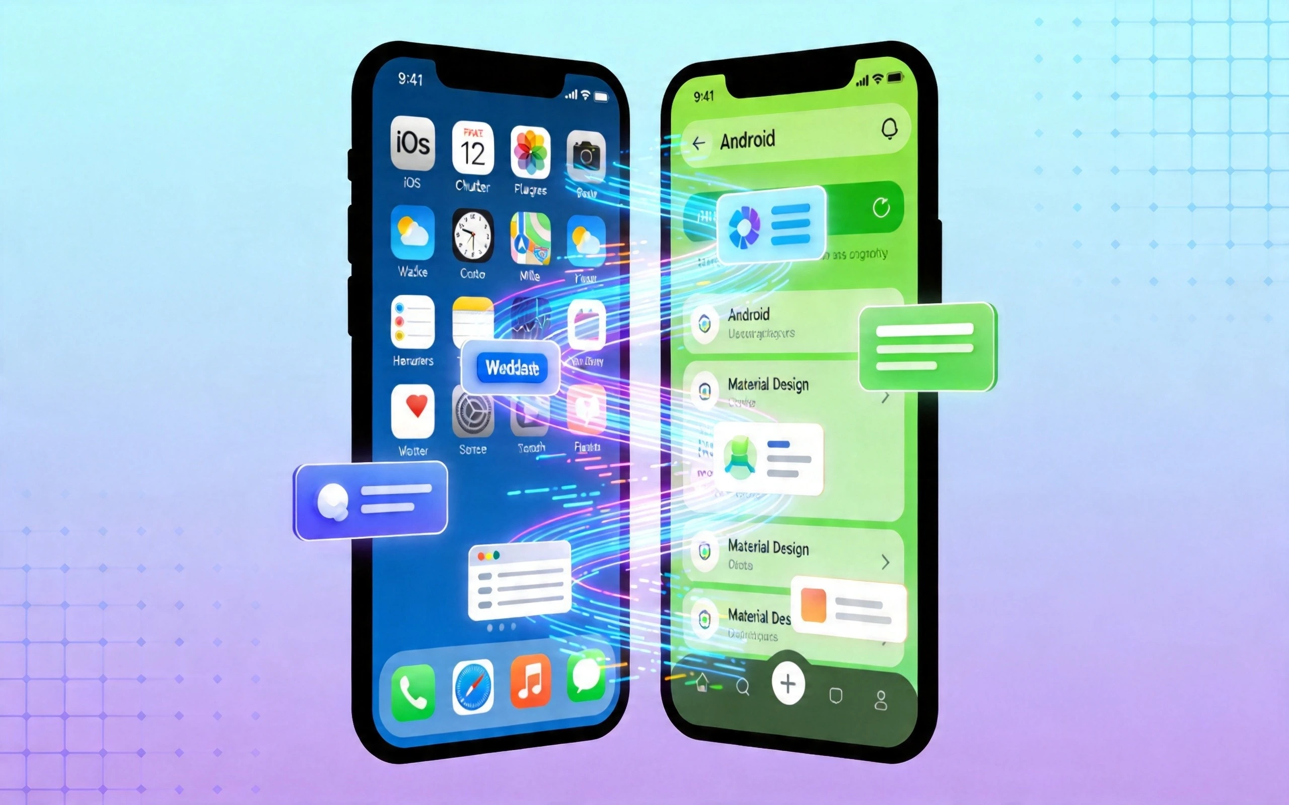 手机屏幕分左右显示iOS和Android风格,代码流连接象征Flutter跨平台统一