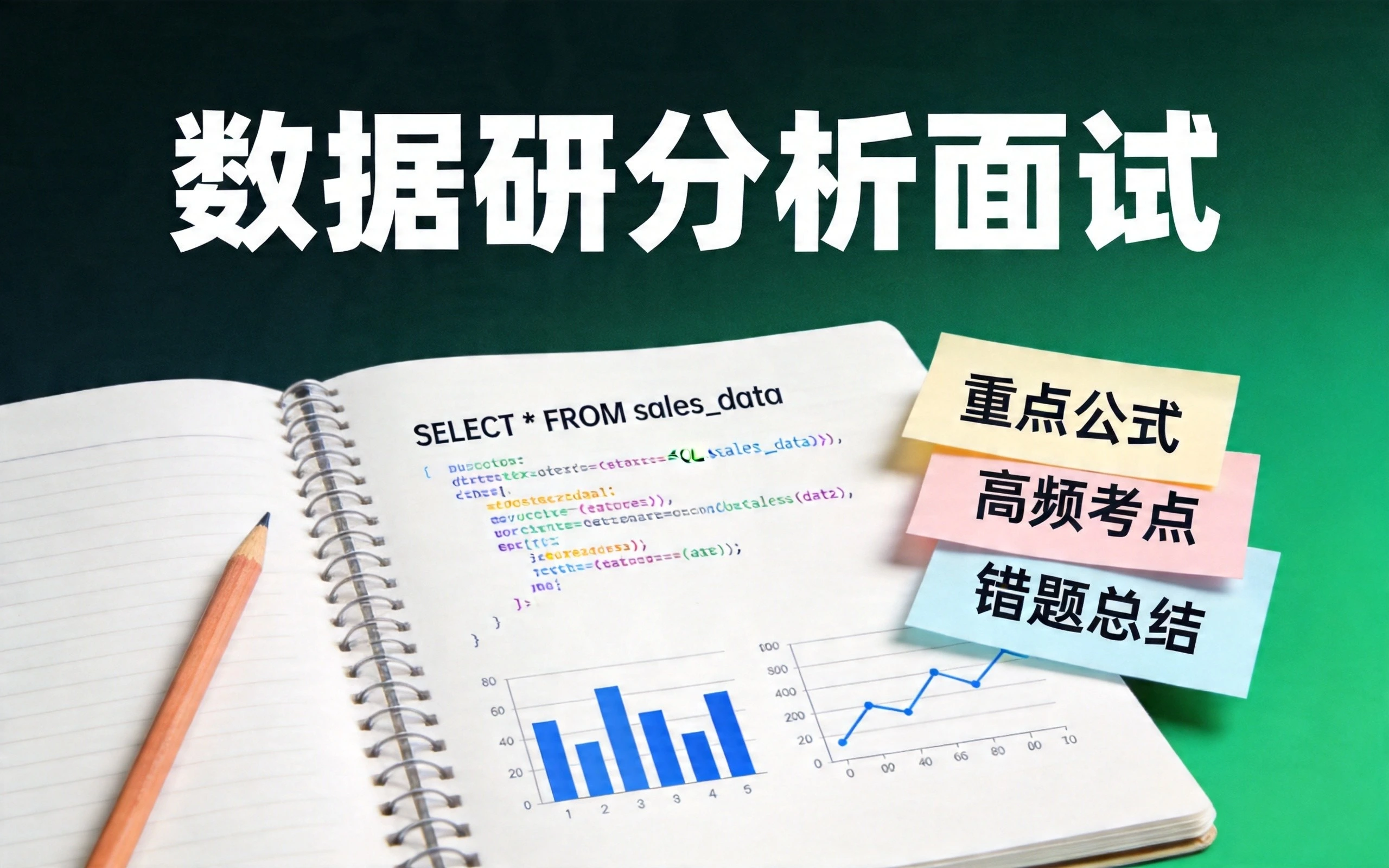 深绿背景上摊开一本笔记本,页面写着SQL代码和数据图表,角落贴着三张便签:重点公式、高频考点、错题总结