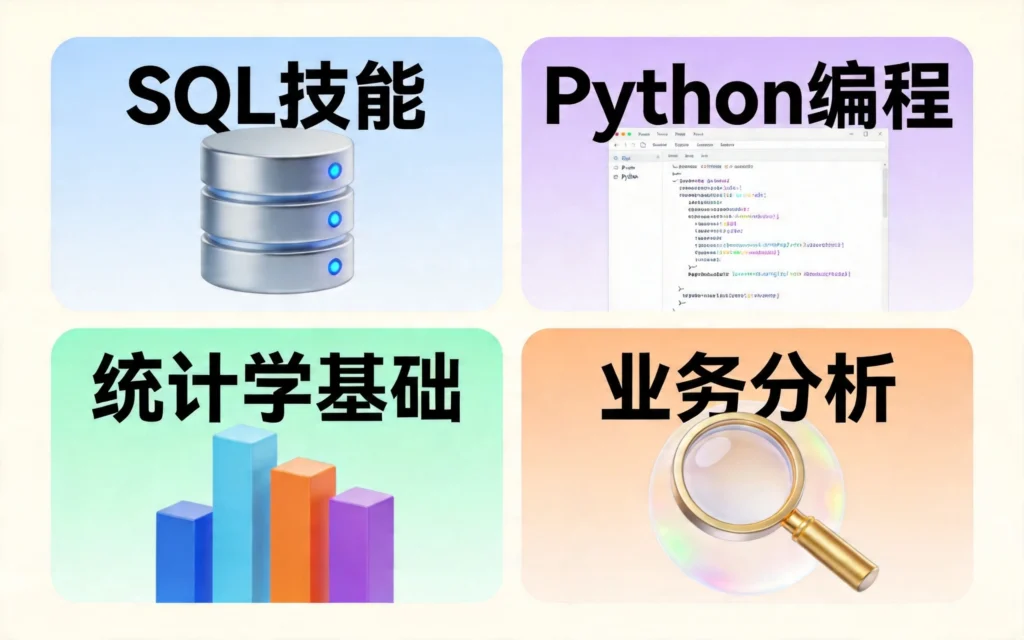 面试四大考察维度:SQL技能、Python编程、统计学基础、业务分析,各配对应图标