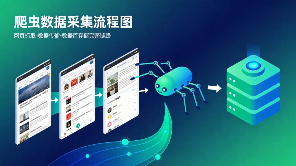 数据采集流程图,蓝绿渐变扁平插画风格