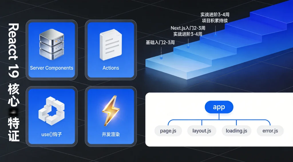 四大核心特性卡片配合学习阶段阶梯图,底部展示App Router文件结构