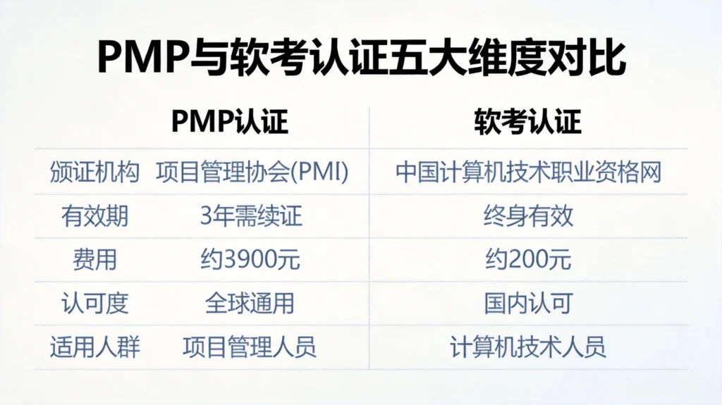 PMP与软考认证对比图,展示颁证机构、有效期、费用、认可度、适用人群五大维度对比分析