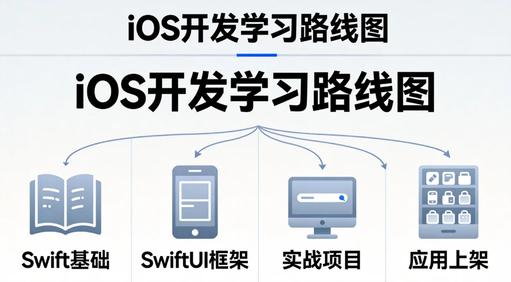 iOS开发学习路线图,展示Swift语言基础、SwiftUI框架、实战项目、应用上架四个阶段学习路径