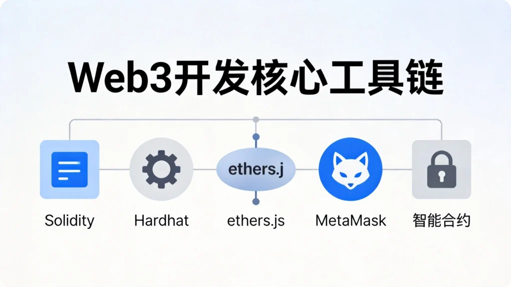 Web3开发技术栈图,展示Solidity、Hardhat、ethers.js、MetaMask、智能合约核心开发工具链