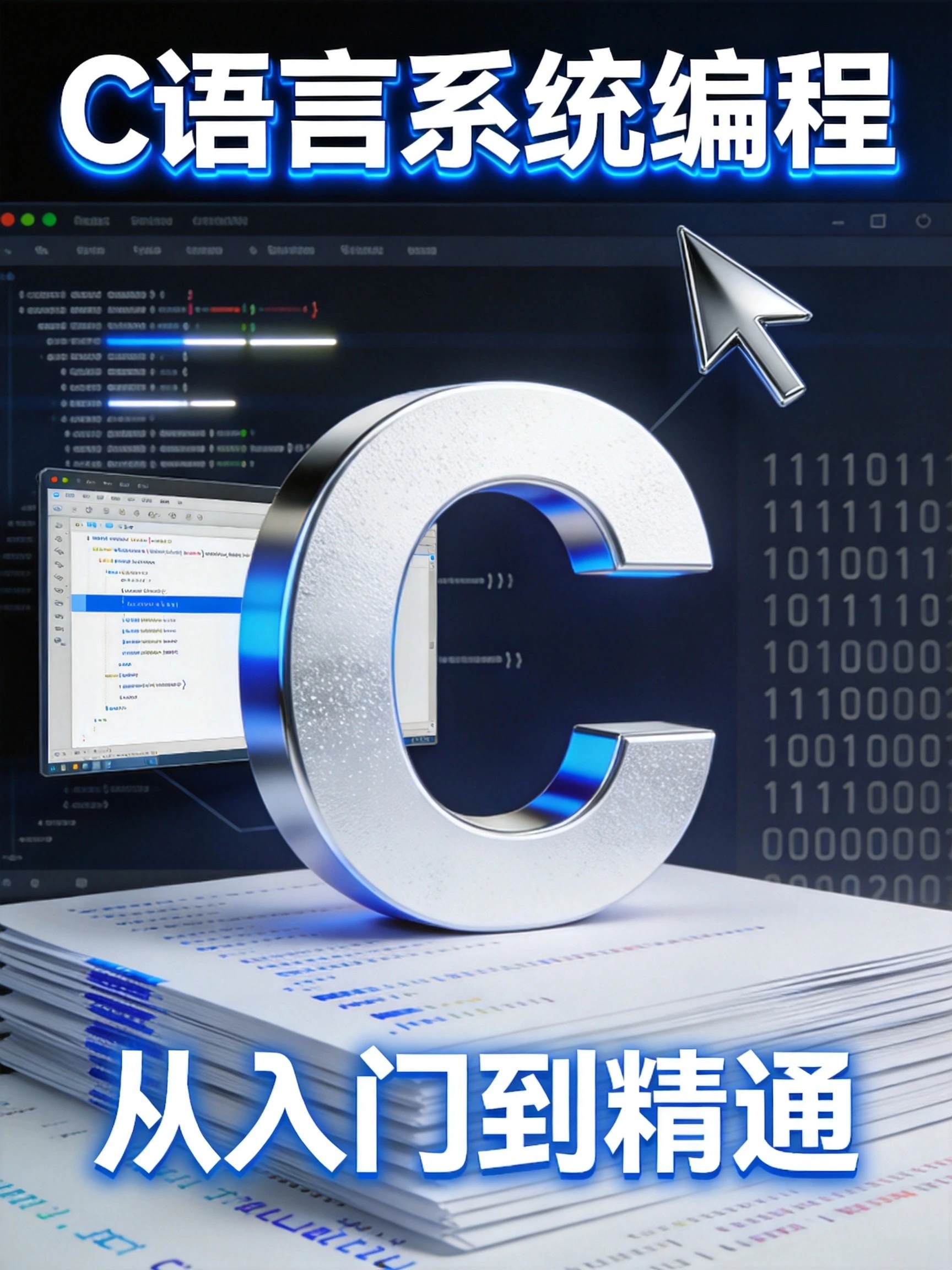 C语言系统编程封面,3D字母C搭配代码界面展现底层开发入门到精通路径