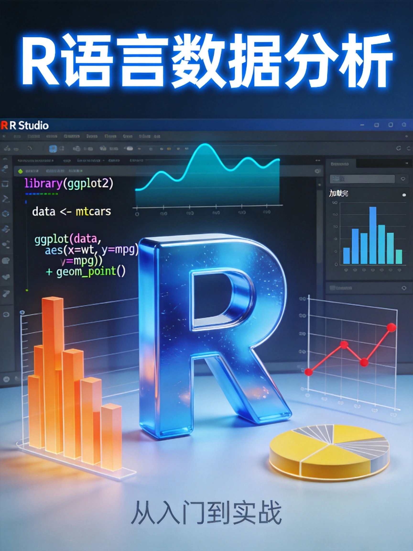 R语言数据分析封面，蓝色R图标搭配图表元素展现数据科学入门到实战路径