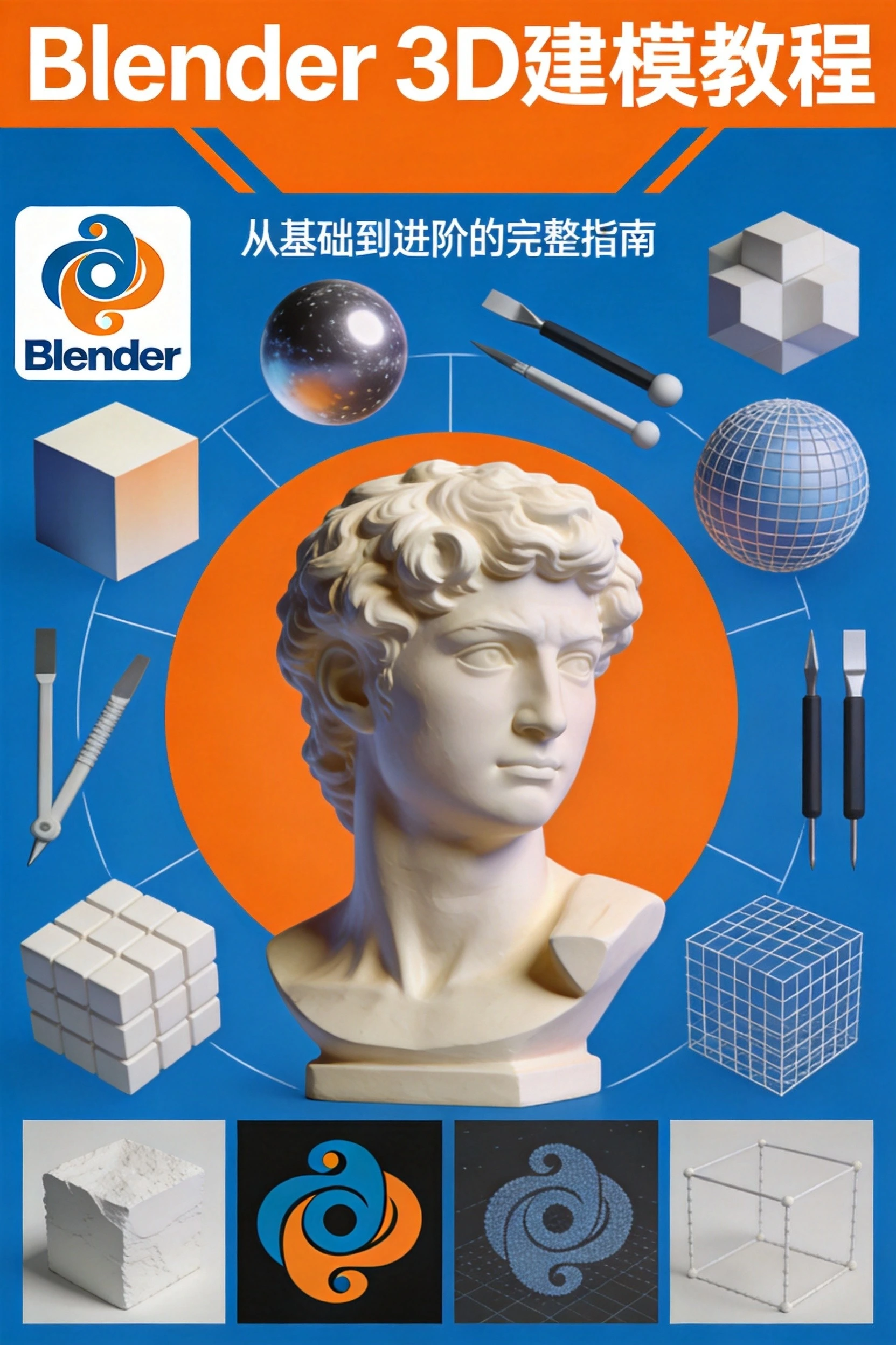 Blender 3D建模教程封面,橙蓝配色展示3D建模与渲染主题
