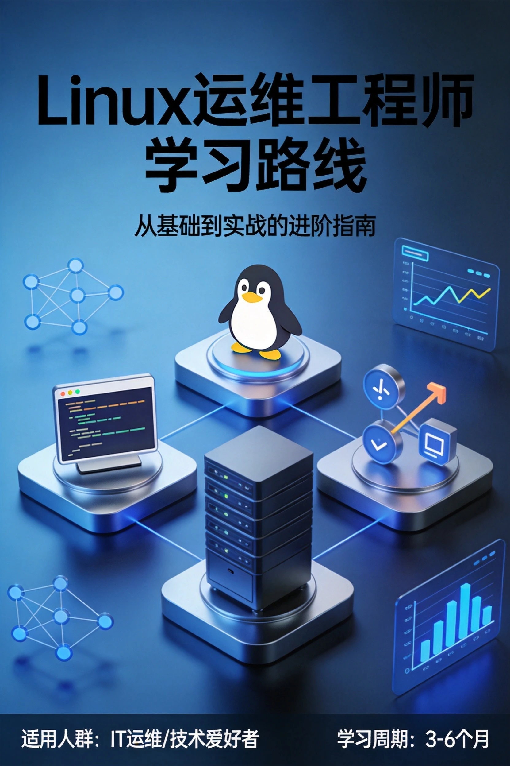 Linux运维工程师学习路线封面，专业科技风格展示服务器与运维主题