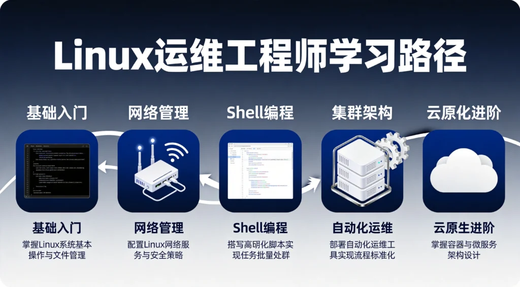 Linux运维工程师从入门到精通的学习路径图，系统化的成长规划展示