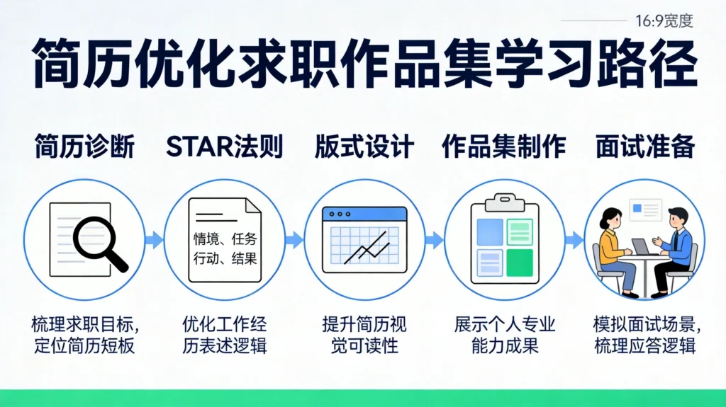 简历优化与求职作品集制作完整流程图,从诊断到面试的成功路径