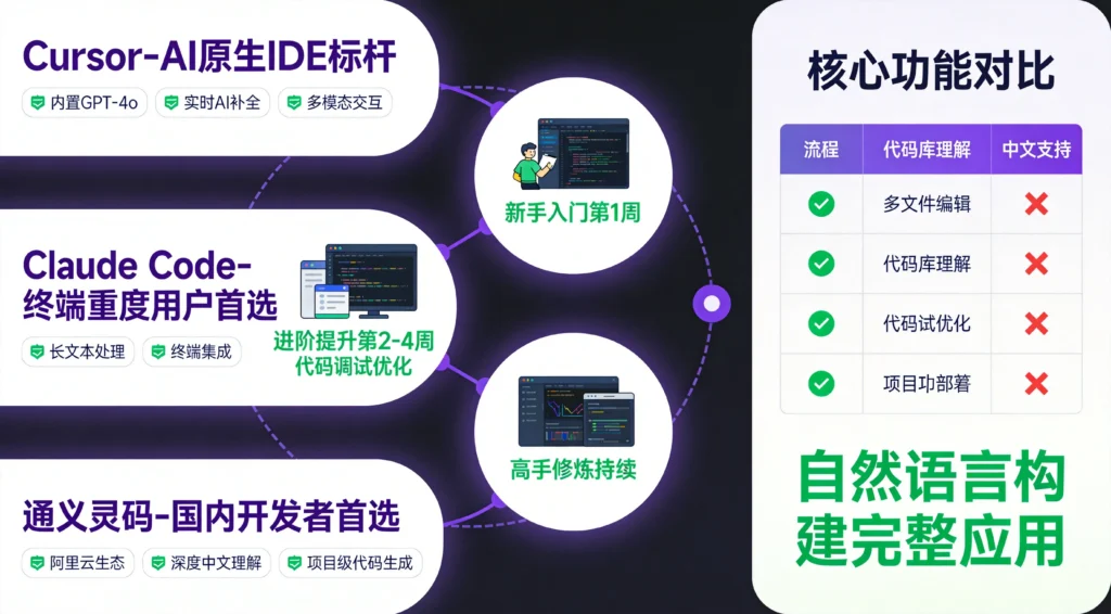 Vibe Coding三大工具对比,Cursor、Claude Code与通义灵码功能特点与学习路线图