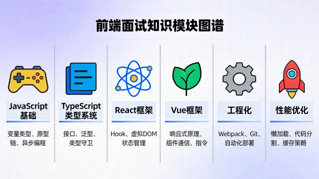 前端面试知识模块图，呈现JavaScript、React、Vue、工程化六大核心考点