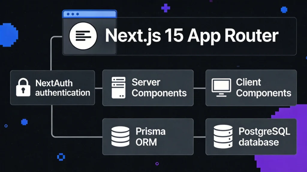 Next.js技术栈架构图,呈现App Router、Prisma ORM与NextAuth认证体系