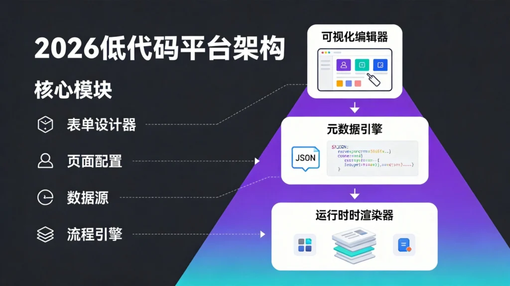 低代码平台三层架构图，可视化编辑器元数据引擎运行时渲染器核心模块流转