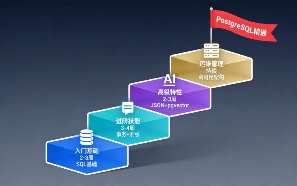 四阶段攀登阶梯,入门基础进阶技能高级特性运维管理,蓝绿紫金配色展示完整学习路径