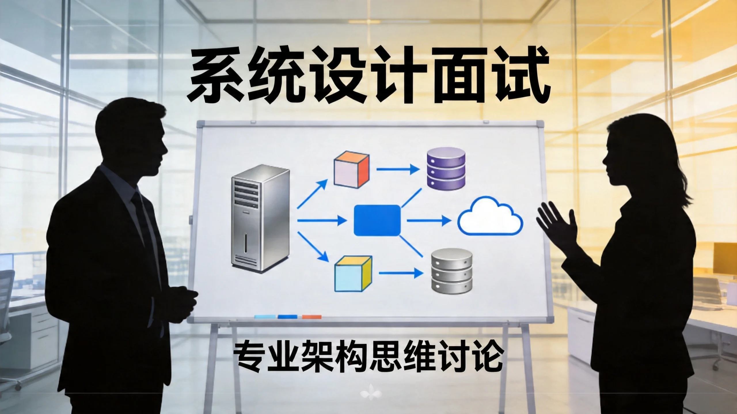 白色架构板展示彩色系统图，面试官求职者剪影面向讨论，专业面试场景