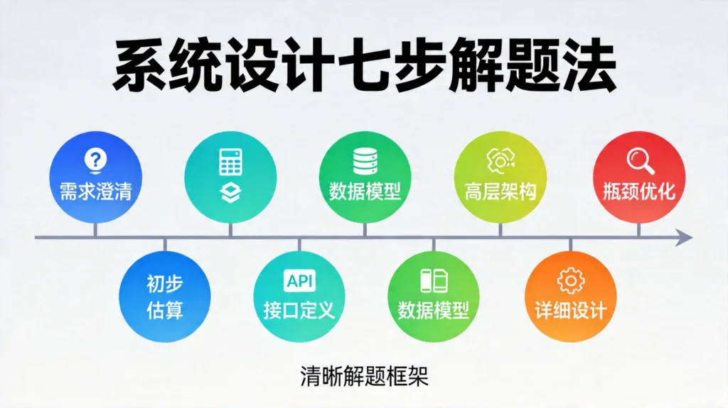 七步解题法流程图，需求澄清初步估算接口定义数据模型高层架构详细设计瓶颈优化七色渐变