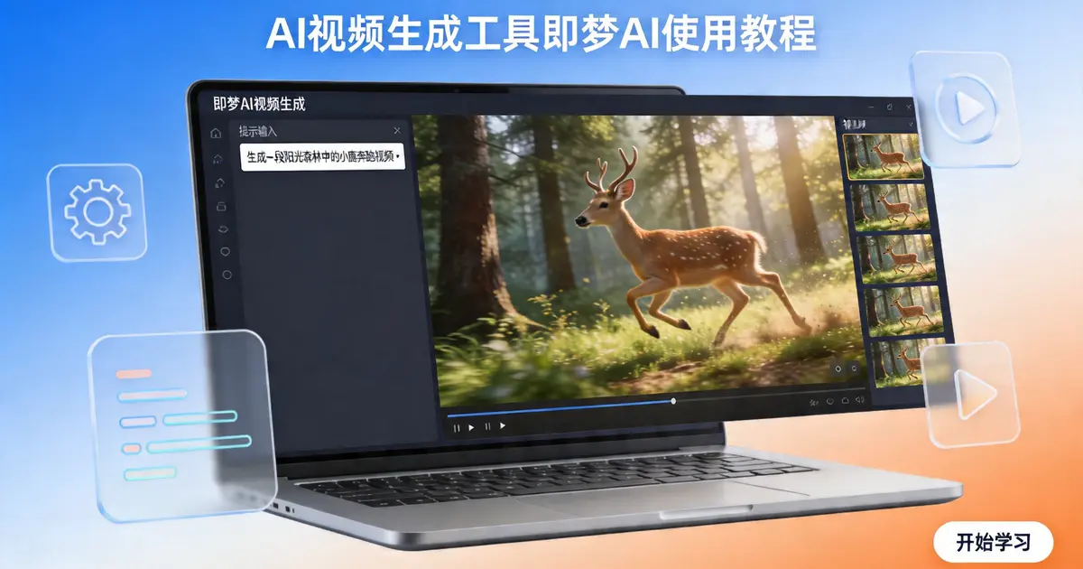 即梦AI视频生成教程封面 - 笔记本电脑显示AI视频生成界面与小鹿奔跑场景