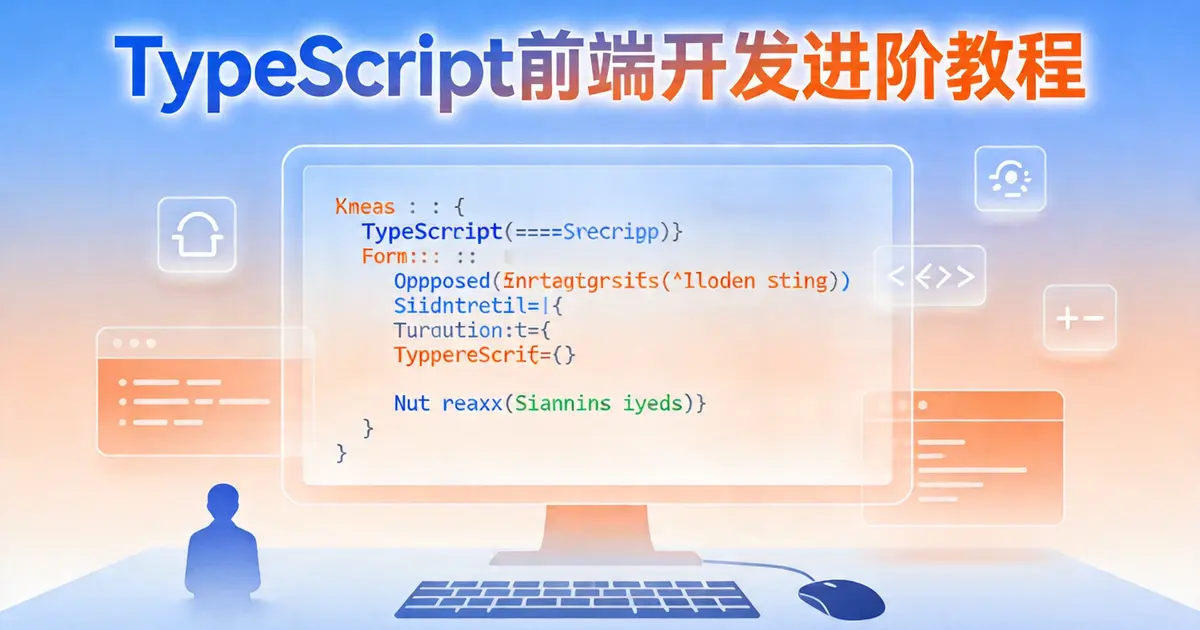 TypeScript前端开发进阶教程封面 - 电脑屏幕显示TypeScript代码与学习场景