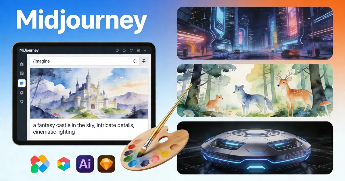 Midjourney AI绘图教程封面 - 平板显示Midjourney界面与AI生成艺术作品