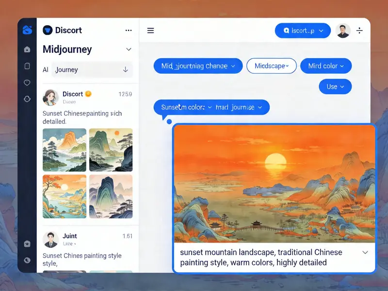 Midjourney作品生成配图 - Discord界面与中式山水落日AI绘画展示