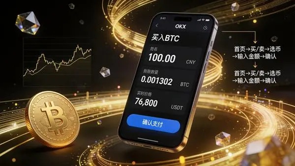 OKX快捷买币实操界面:手机屏幕BTC买入确认页与流程步骤