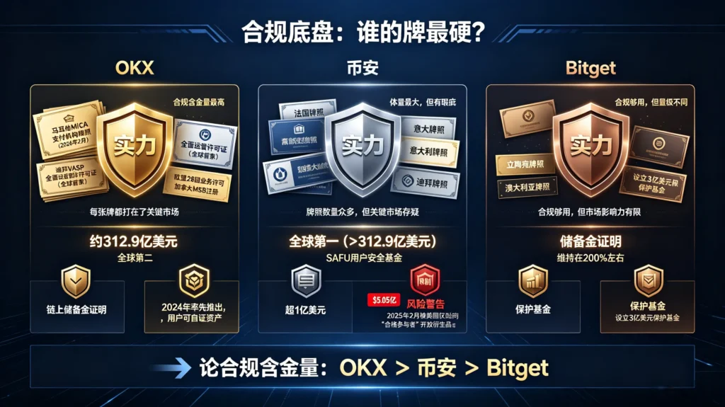三大交易所(OKX、币安、Bitget)的合规对比信息