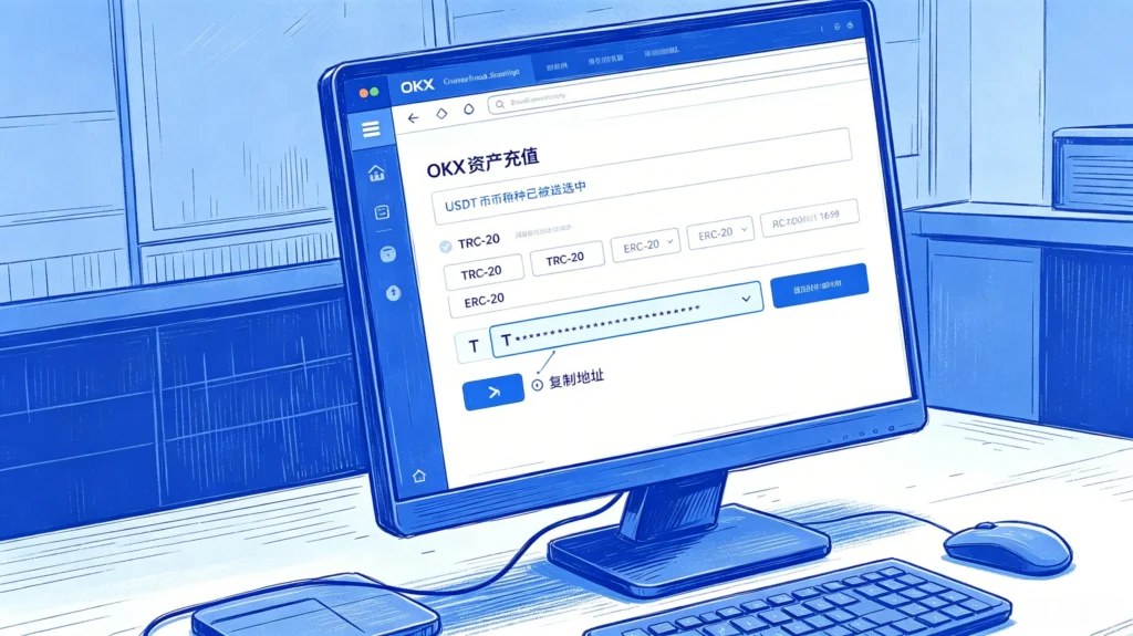 OKX 获取 USDT 充值地址操作流程图
