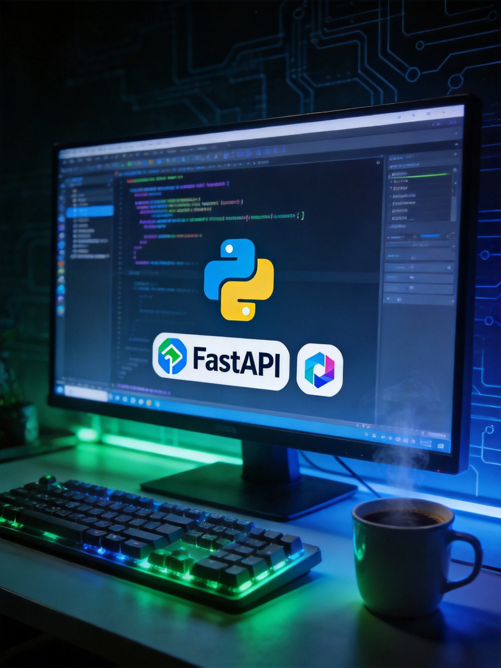 FastAPI高性能Python Web框架:开发者工作台前展示代码与霓虹灯光