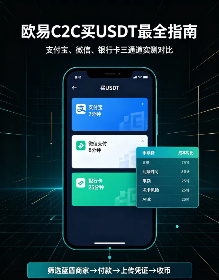 C2C买USDT最全指南：支付宝、微信、银行卡三种通道实测到账时间与手续费对比